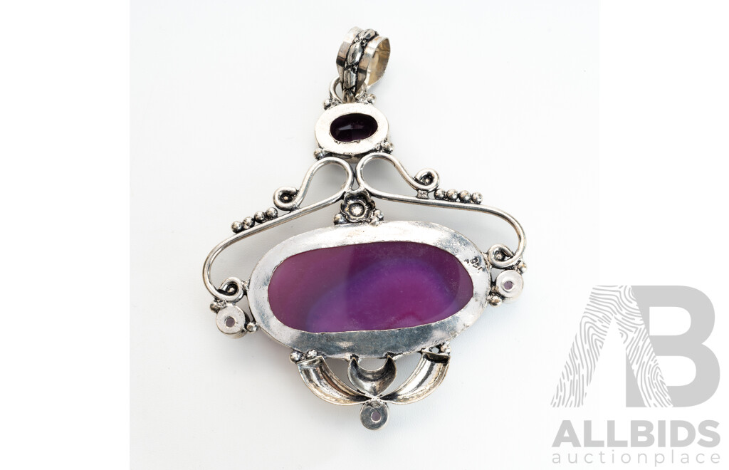 Sterling Silver Purple Lace Agate & Amethyst Statement Pendant, 80mm Long, 28.50 Grams