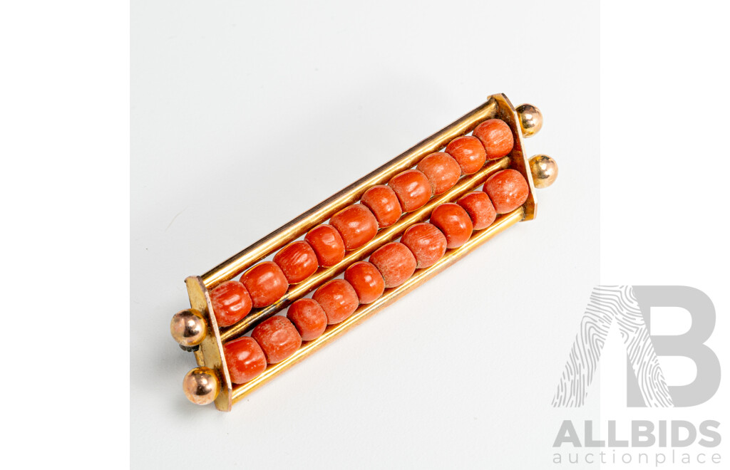 9ct Vintage Red Coral Bar Brooch, 53mm, 7.95 Grams