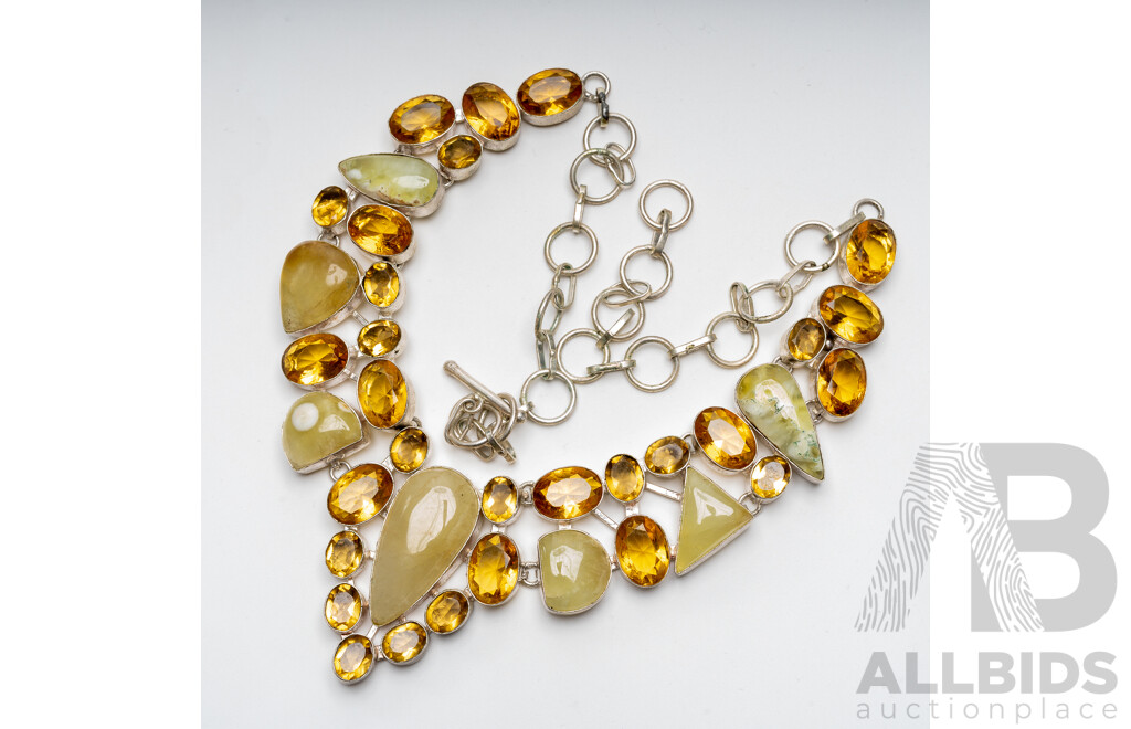 Silver Phrenite & Citrine Cluster Gemstone Necklace, 55cm Long with Adjustable Chain, 96.0 Grams