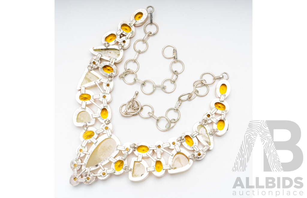 Silver Phrenite & Citrine Cluster Gemstone Necklace, 55cm Long with Adjustable Chain, 96.0 Grams