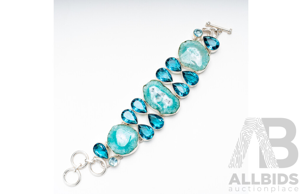 Silver Aqua Blue Druzy Quartz & Topaz Bracelet, 20.5cm, 56.0 Grams