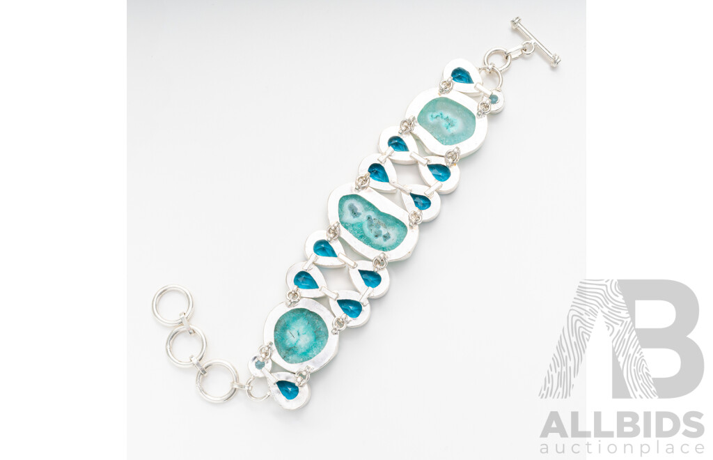 Silver Aqua Blue Druzy Quartz & Topaz Bracelet, 20.5cm, 56.0 Grams