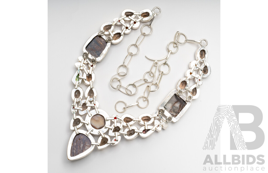 Silver Agate & Smokey Quartz Cluster Necklace, Up to 55cm Long with Adjustable Chain, 109 Grams