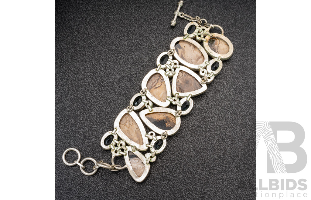 Silver Chocolate Brown Jasper Cluster Bracelet, Adjustable Up to 22cm, 75.0 Grams