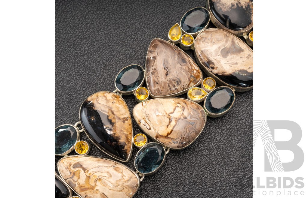 Silver Chocolate Brown Jasper Cluster Bracelet, Adjustable Up to 22cm, 75.0 Grams