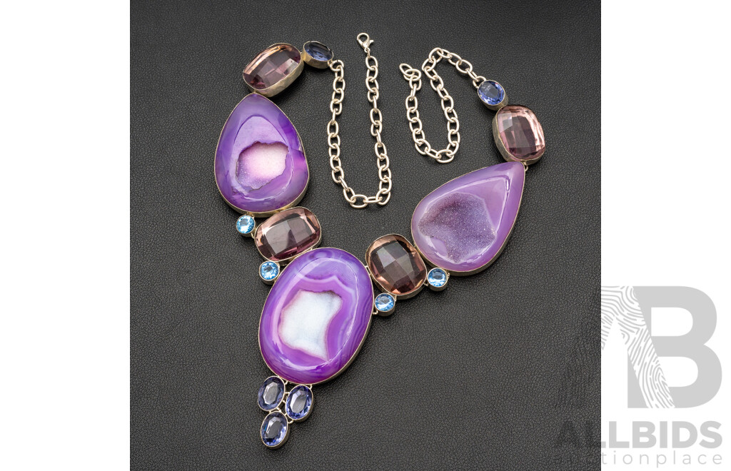 Silver Purple Agate and Faceted Gemstone Cluster Necklace, 60cm, 173 Grams
