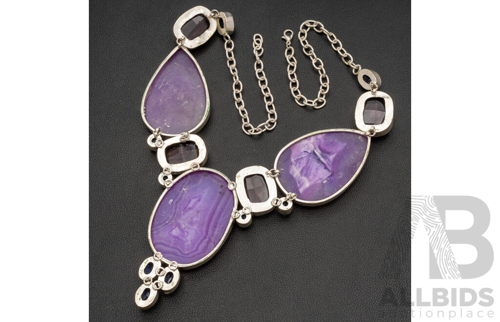 Silver Purple Agate and Faceted Gemstone Cluster Necklace, 60cm, 173 Grams