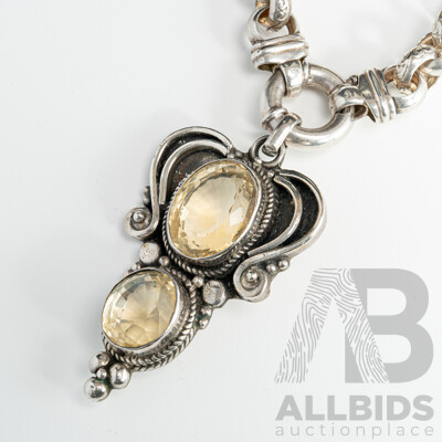 Sterling Silver Belcher Link Necklace, 45cm, with Ornate Citrine Pendant, 60mm, 78.0 Grams