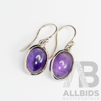 9ct White Gold Amethyst Cabochon Drop Earrings, 30mm, 5.65 Grams