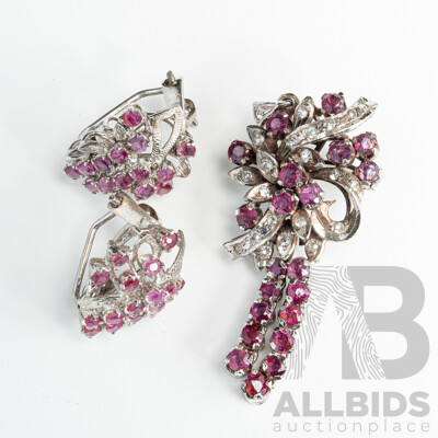 Vintage Sterling Silver Ruby & White Topaz Pendant/Brooch and Matching Sterling Silver Ruby Clip on Earrings, 12.66 Grams
