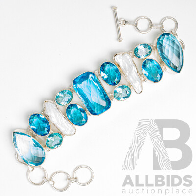Silver Blue Topaz & Biwa Pearl Bracelet with T-Bar Clasp, Adjustable Length Up to 20cm, 44.66 Grams