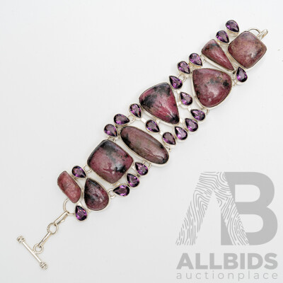 Silver Rhondonite Bracelet with T-Bar Clasp, Adjustable Length Up to 21.5cm, 77.92 Grams