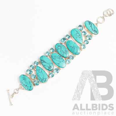 Silver Turquoise Howlite Bracelet with T-Bar Clasp, Adjustable Length Up to 21cm, 61.69 Grams