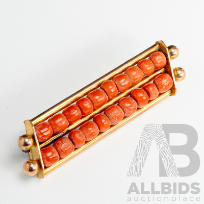 9ct Vintage Red Coral Bar Brooch, 53mm, 7.95 Grams