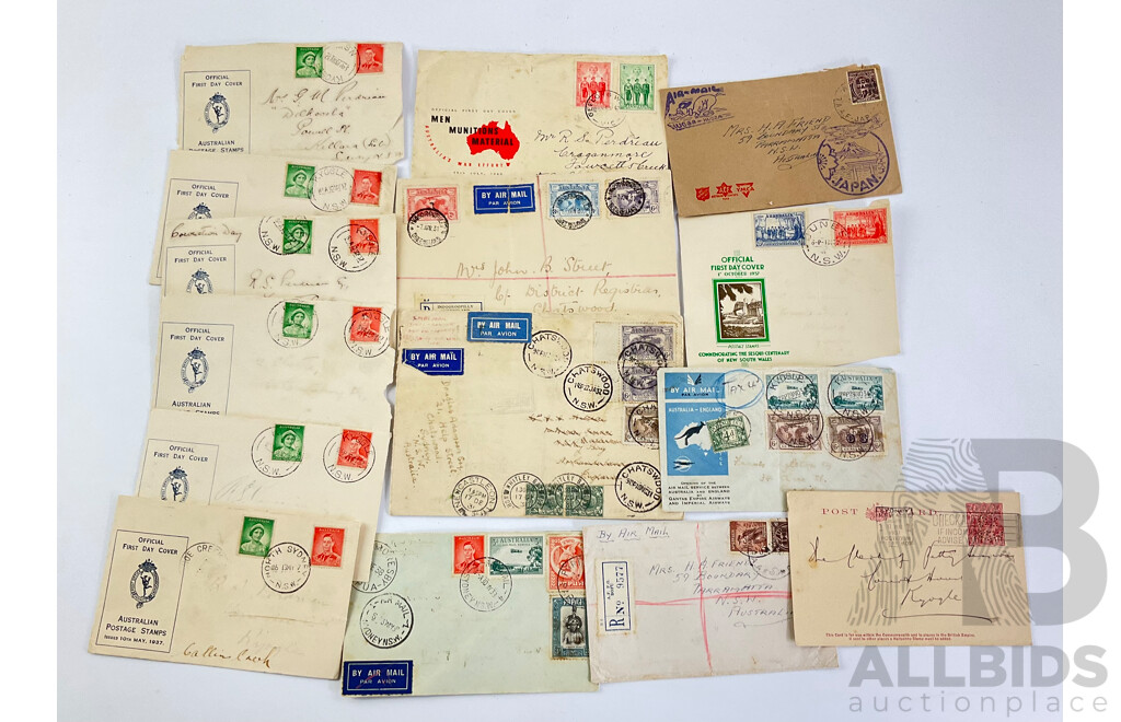 Australian Predecimal First Day Covers/Letters Including Six 10th May 1937 Post Office Communications, October 1937 NSW Sesqui-centenary, 1934 Australia-England Air Mail, 1940 Men Munitions Material War Effort, Papua 3d