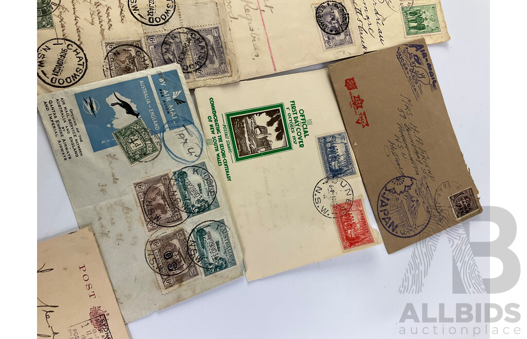 Australian Predecimal First Day Covers/Letters Including Six 10th May 1937 Post Office Communications, October 1937 NSW Sesqui-centenary, 1934 Australia-England Air Mail, 1940 Men Munitions Material War Effort, Papua 3d