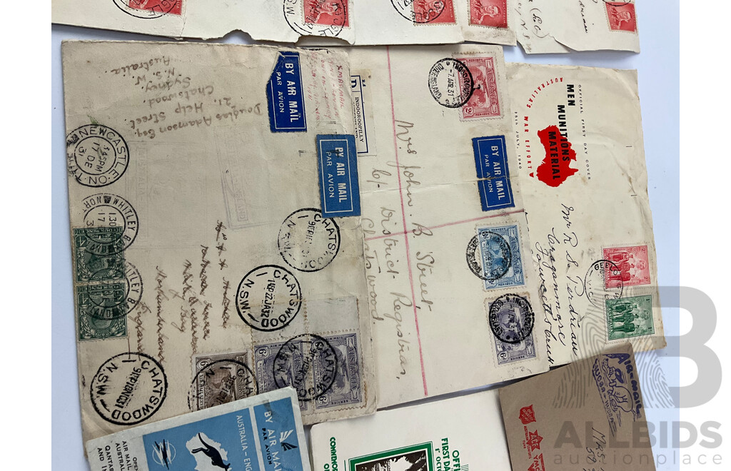 Australian Predecimal First Day Covers/Letters Including Six 10th May 1937 Post Office Communications, October 1937 NSW Sesqui-centenary, 1934 Australia-England Air Mail, 1940 Men Munitions Material War Effort, Papua 3d