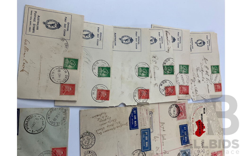 Australian Predecimal First Day Covers/Letters Including Six 10th May 1937 Post Office Communications, October 1937 NSW Sesqui-centenary, 1934 Australia-England Air Mail, 1940 Men Munitions Material War Effort, Papua 3d