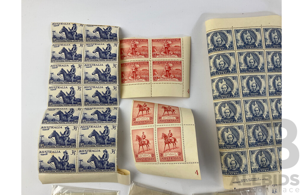 Selection of Australian Mint and Cancelled Predecimal Stamps, Blocks and Strips Including Kookaburra 3d, Kangaroo Series, 1938 Philatelic Exhibition Australia 150th Anniversary, KGVI Overprints and More
