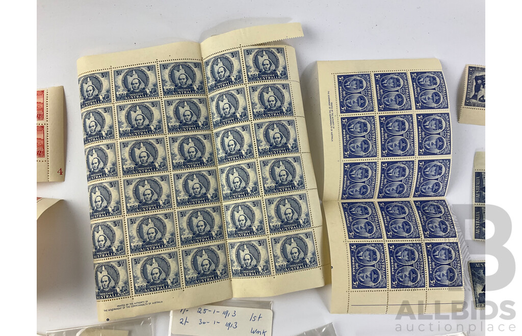 Selection of Australian Mint and Cancelled Predecimal Stamps, Blocks and Strips Including Kookaburra 3d, Kangaroo Series, 1938 Philatelic Exhibition Australia 150th Anniversary, KGVI Overprints and More