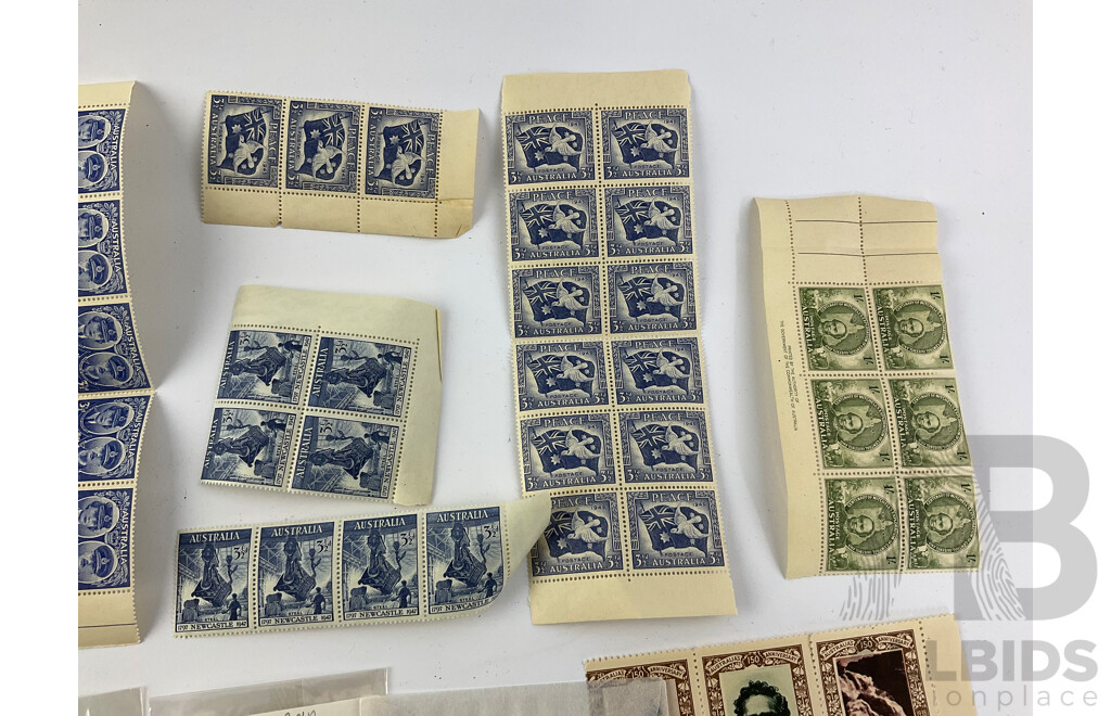 Selection of Australian Mint and Cancelled Predecimal Stamps, Blocks and Strips Including Kookaburra 3d, Kangaroo Series, 1938 Philatelic Exhibition Australia 150th Anniversary, KGVI Overprints and More
