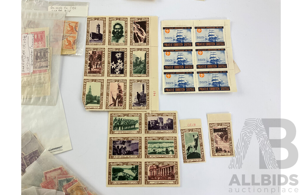 Selection of Australian Mint and Cancelled Predecimal Stamps, Blocks and Strips Including Kookaburra 3d, Kangaroo Series, 1938 Philatelic Exhibition Australia 150th Anniversary, KGVI Overprints and More