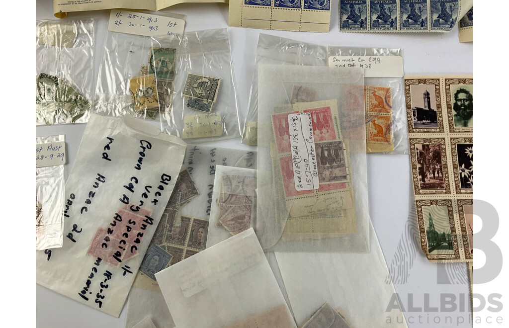 Selection of Australian Mint and Cancelled Predecimal Stamps, Blocks and Strips Including Kookaburra 3d, Kangaroo Series, 1938 Philatelic Exhibition Australia 150th Anniversary, KGVI Overprints and More
