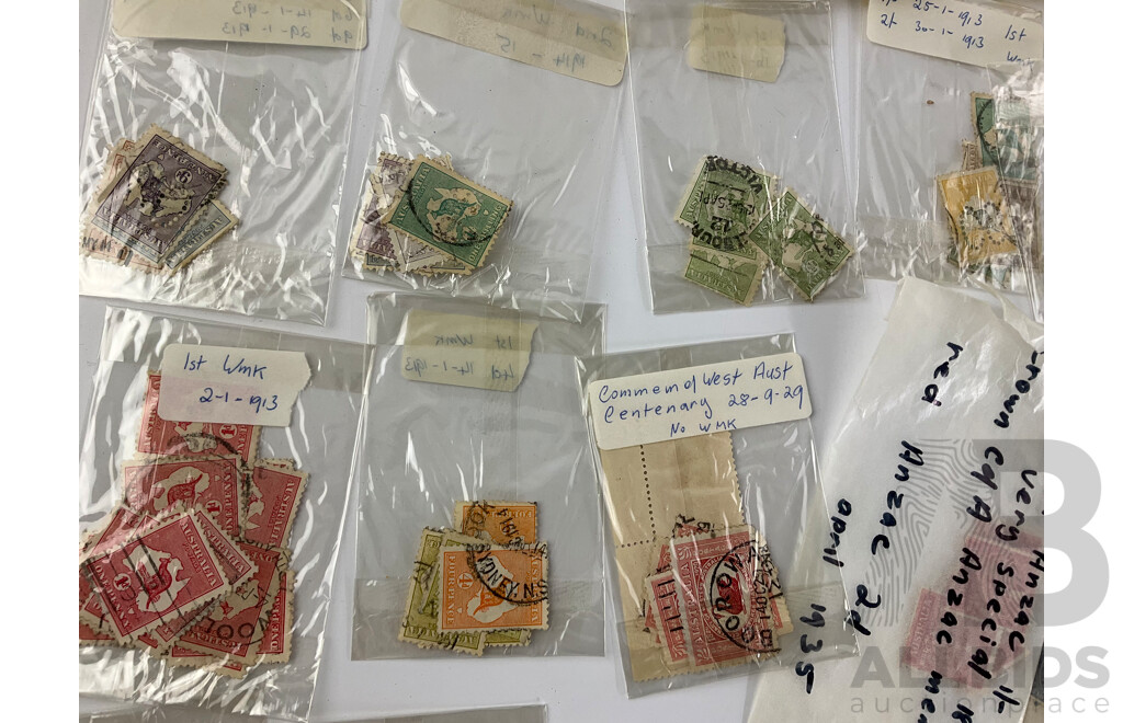 Selection of Australian Mint and Cancelled Predecimal Stamps, Blocks and Strips Including Kookaburra 3d, Kangaroo Series, 1938 Philatelic Exhibition Australia 150th Anniversary, KGVI Overprints and More
