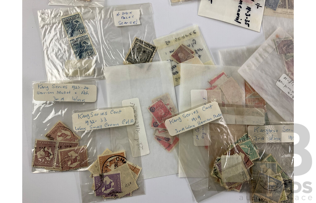 Selection of Australian Mint and Cancelled Predecimal Stamps, Blocks and Strips Including Kookaburra 3d, Kangaroo Series, 1938 Philatelic Exhibition Australia 150th Anniversary, KGVI Overprints and More