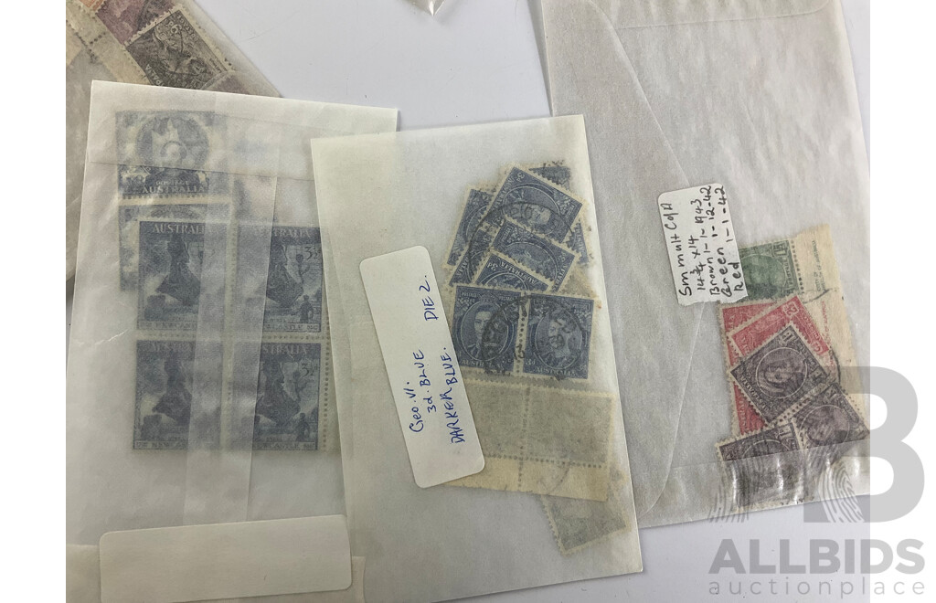Selection of Australian Mint and Cancelled Predecimal Stamps, Blocks and Strips Including Kookaburra 3d, Kangaroo Series, 1938 Philatelic Exhibition Australia 150th Anniversary, KGVI Overprints and More