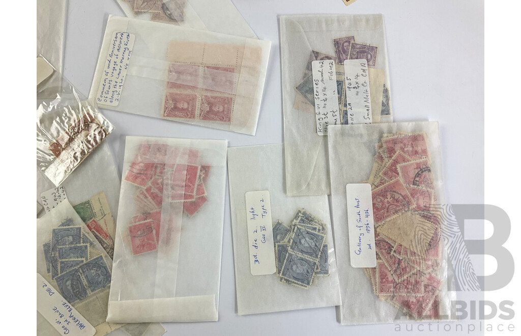 Selection of Australian Mint and Cancelled Predecimal Stamps, Blocks and Strips Including Kookaburra 3d, Kangaroo Series, 1938 Philatelic Exhibition Australia 150th Anniversary, KGVI Overprints and More