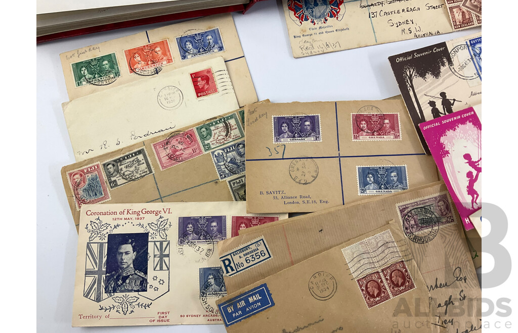 Collection of Vintage Commonwealth Countries First Day Covers and Stamps with Two Junior Stamp Globe Stamp Albums