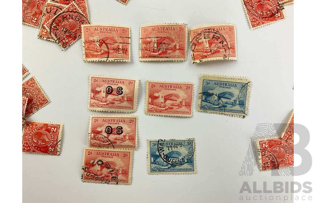 Australian Predecimal Blue and Red Harbour Bridge Stamps Including Official Service with KGV Red Two Pence