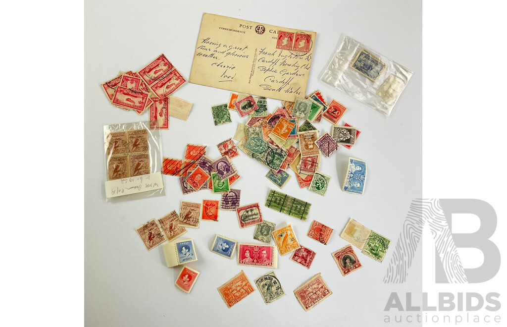 Collection of Australian and International Stamps Including Kookaburra Sixpence NSW Perforated, Papua KGVI Mint Stamp and Gutter, Territory of New Guinea KGVI Mint Stamp, USA George Washington Three Cents and More