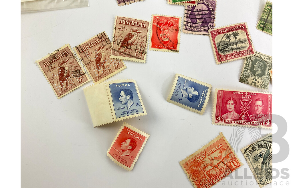 Collection of Australian and International Stamps Including Kookaburra Sixpence NSW Perforated, Papua KGVI Mint Stamp and Gutter, Territory of New Guinea KGVI Mint Stamp, USA George Washington Three Cents and More