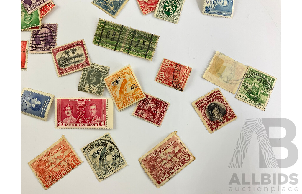 Collection of Australian and International Stamps Including Kookaburra Sixpence NSW Perforated, Papua KGVI Mint Stamp and Gutter, Territory of New Guinea KGVI Mint Stamp, USA George Washington Three Cents and More