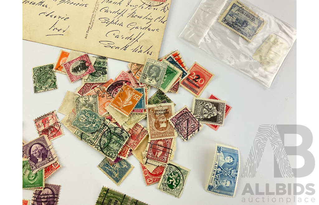 Collection of Australian and International Stamps Including Kookaburra Sixpence NSW Perforated, Papua KGVI Mint Stamp and Gutter, Territory of New Guinea KGVI Mint Stamp, USA George Washington Three Cents and More