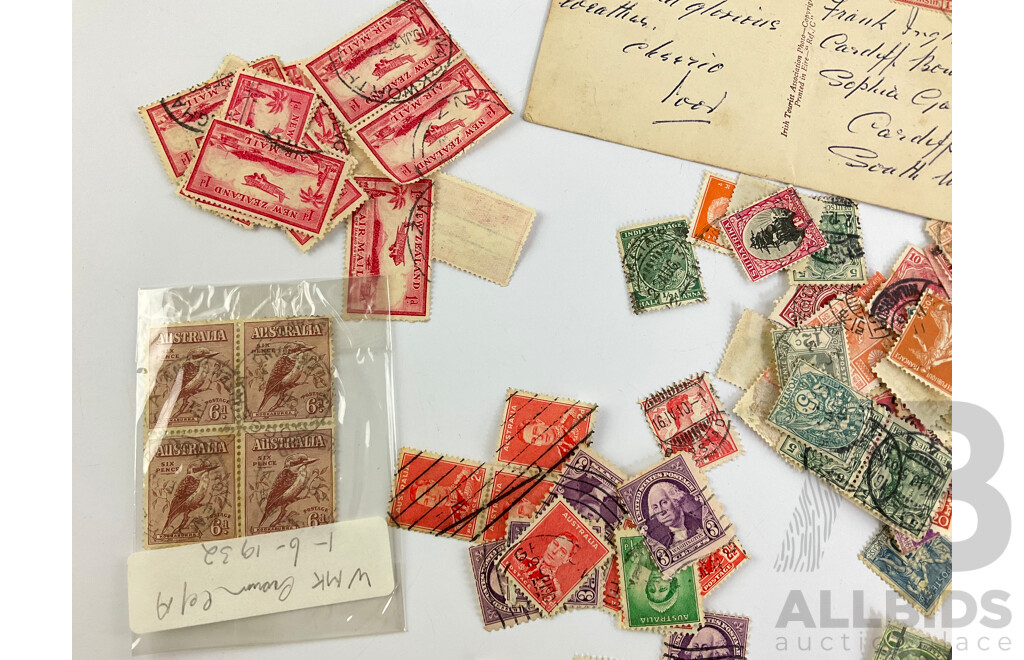 Collection of Australian and International Stamps Including Kookaburra Sixpence NSW Perforated, Papua KGVI Mint Stamp and Gutter, Territory of New Guinea KGVI Mint Stamp, USA George Washington Three Cents and More