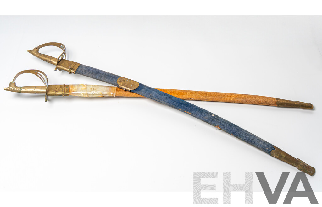 Pair Vintage Sub Continental Sabres with Brass Lion Head Pommel and Guard in Cloth Covered Scabbards