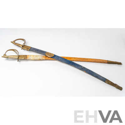 Pair Vintage Sub Continental Sabres with Brass Lion Head Pommel and Guard in Cloth Covered Scabbards