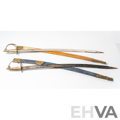 Pair Vintage Sub Continental Sabres with Brass Lion Head Pommel and Guard in Cloth Covered Scabbards