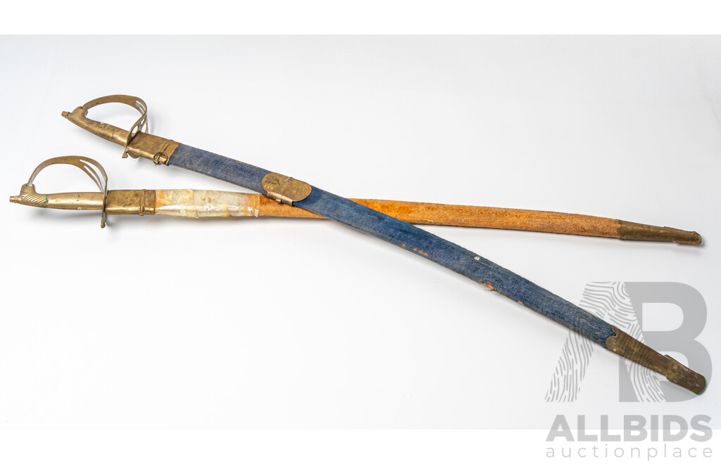 Pair Vintage Sub Continental Sabres with Brass Lion Head Pommel and Guard in Cloth Covered Scabbards