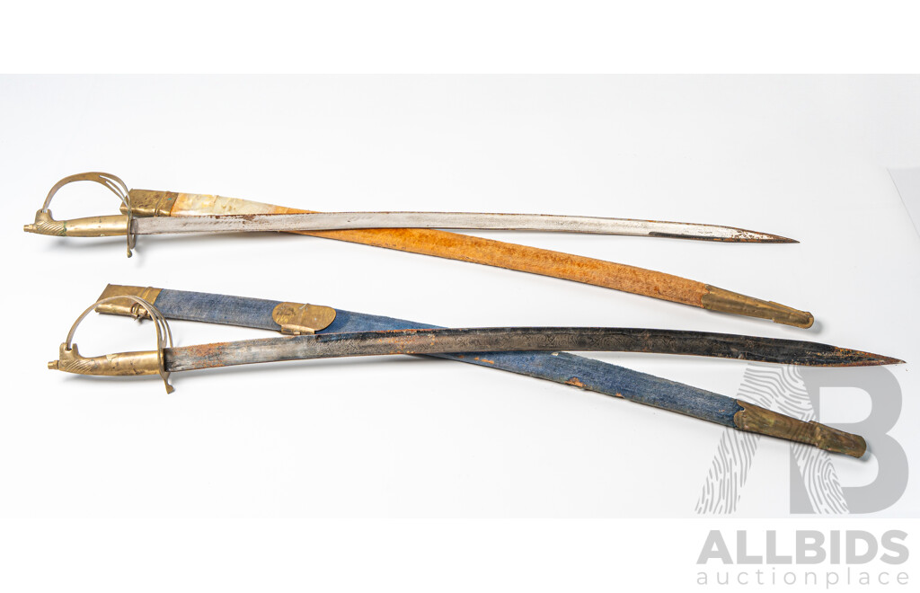 Pair Vintage Sub Continental Sabres with Brass Lion Head Pommel and Guard in Cloth Covered Scabbards