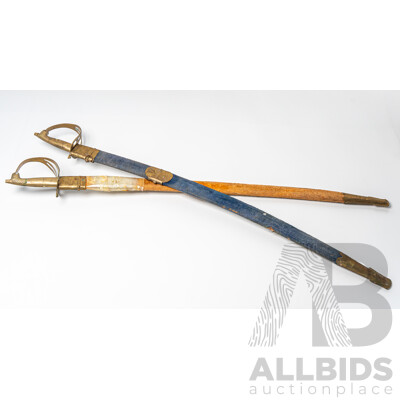Pair Vintage Sub Continental Sabres with Brass Lion Head Pommel and Guard in Cloth Covered Scabbards