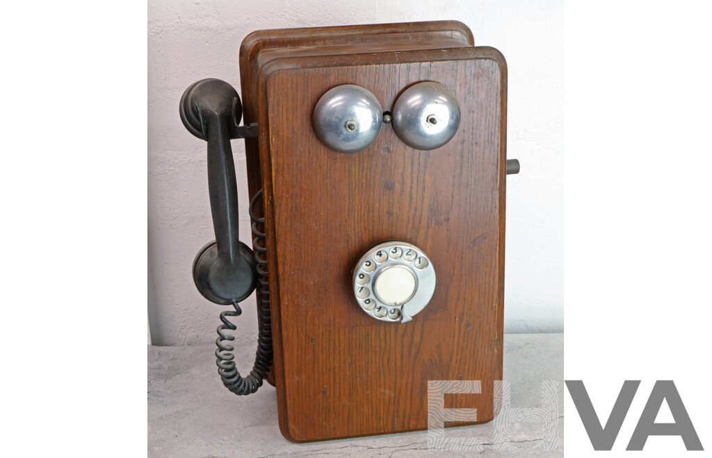 Vintage Oak Cased Wall Mount Rotary Telephone