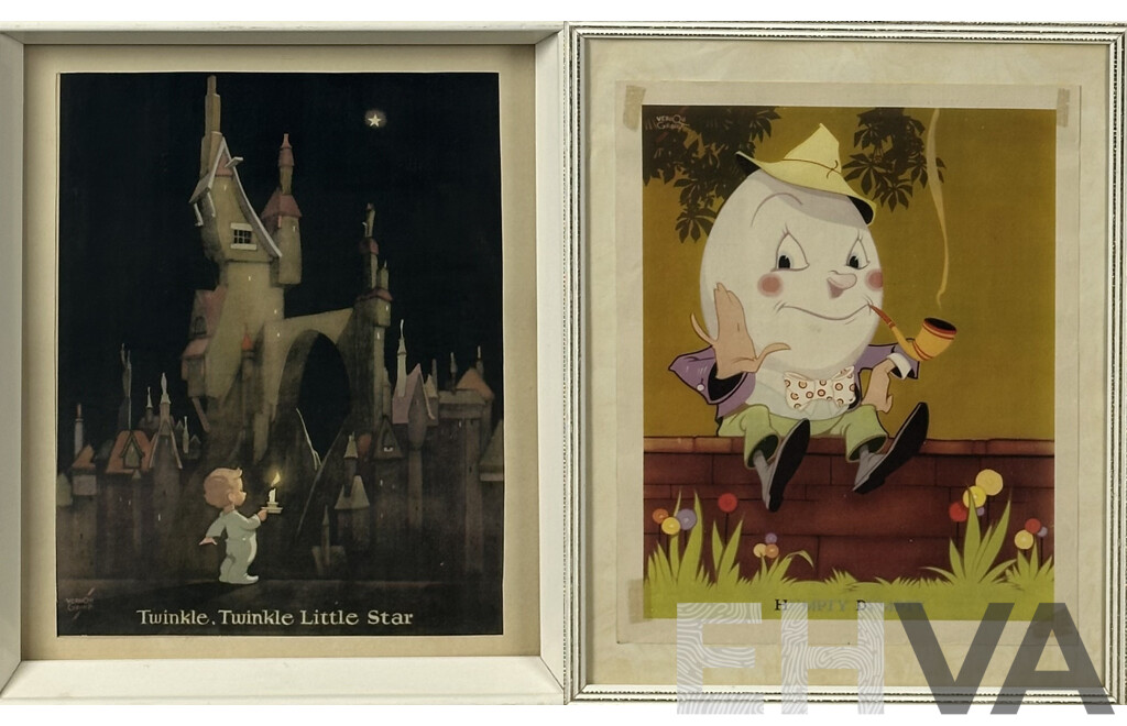 Vernon Grant, (20th C., American, 1902-1990), Humpty Dumpty & Twinkle Twinkle Little Star, Vintage Prints of Originals, 38 x 30 cm (largest frame Humpty) (2)