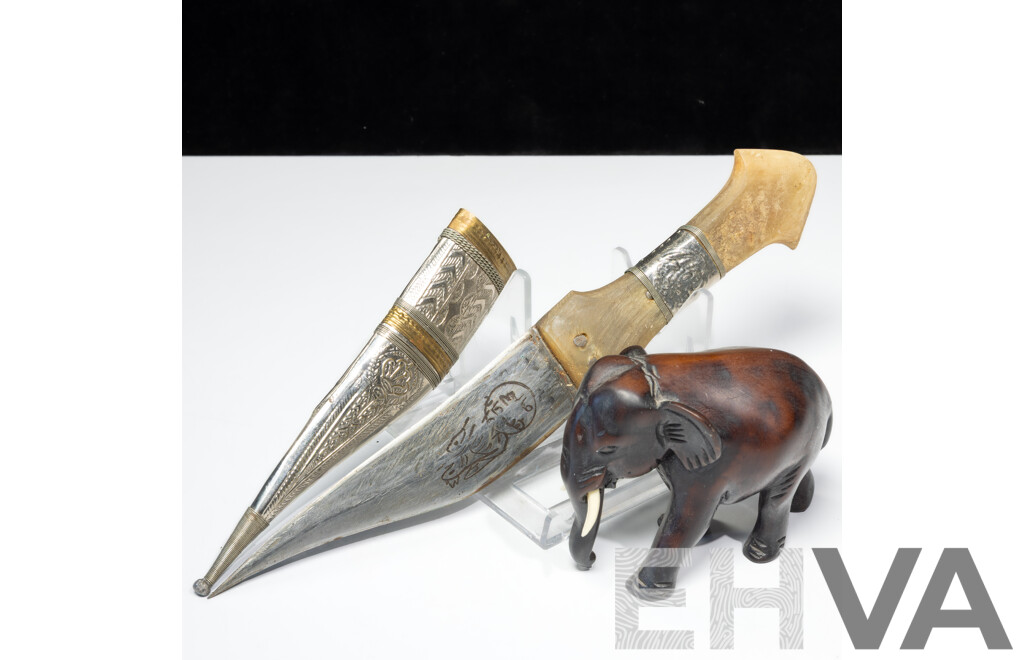 Interesting Dagger with Horn Handle, Brass & Metal Repousse Sheath Along with Hand Carved Ebony Elephant Figure