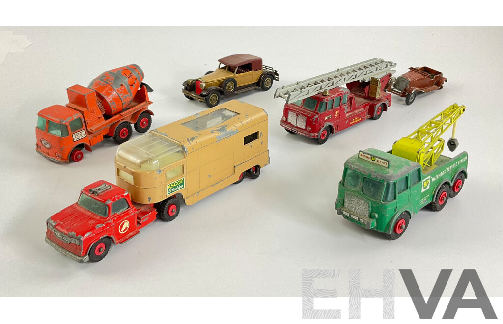 Collection of Vintage Matchbox King Size and Models of Yesteryear Including Merryweather Fire Truck, Ascot Stables Horse Van, Ready Mix Concrete Truck, Foden Breakdown Tractor