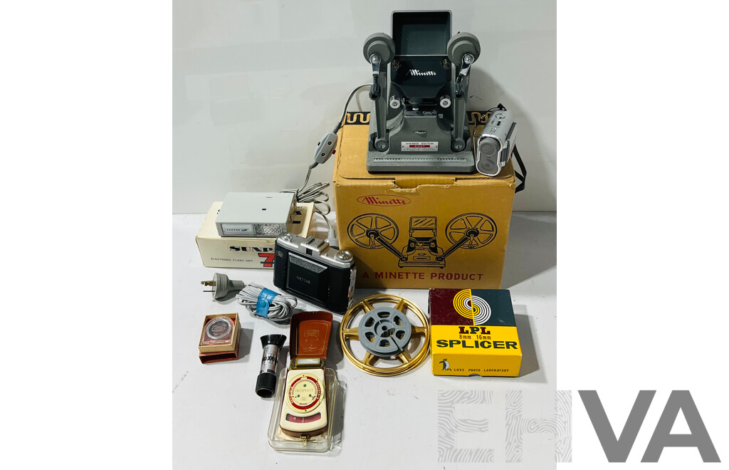Collection of Vintage Film and Camera Gear Including Minette 8mm Film Viewer Editor M-2, Nettar Zeiss Ikon Folding Camera, Sunpak 7S Electronic Flash Unit and More