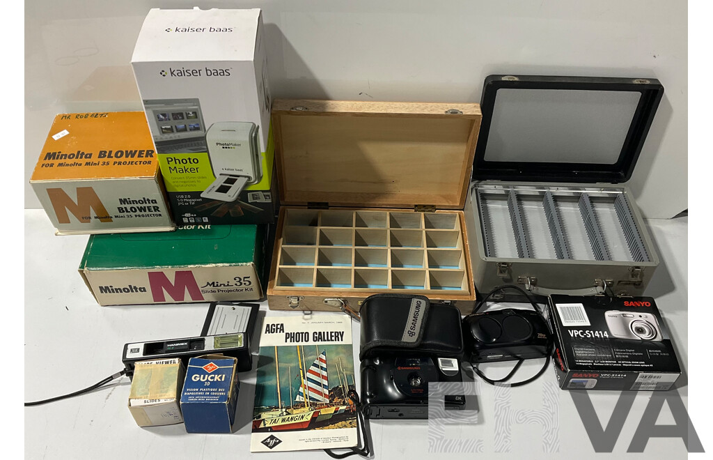 Collection of Vintage Cameras, Projectors, Photomaker From Sanyo, Samsung, Minolta and More